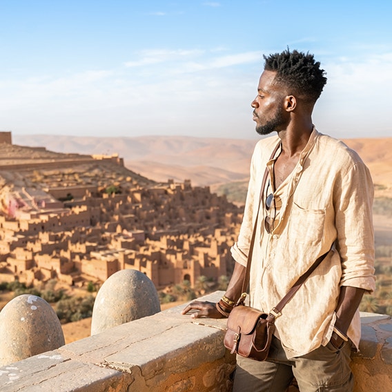 A man stands by a ledge looking over a desert village.