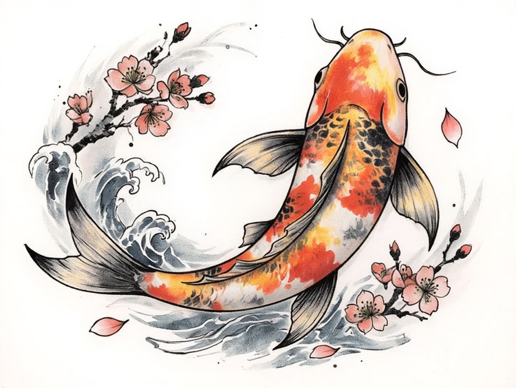 An image of a carp, a wave, and cherry blossoms swirling about in a style reminiscent of traditional Japanese tattoos.