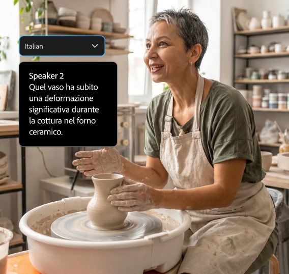 A woman works at a pottery wheel in a ceramics studio. UI to the left reads "Italian" followed by "Speaker 2, Quel vaso ha subito una deformazione significativa durante la cottura nel forno ceramico."