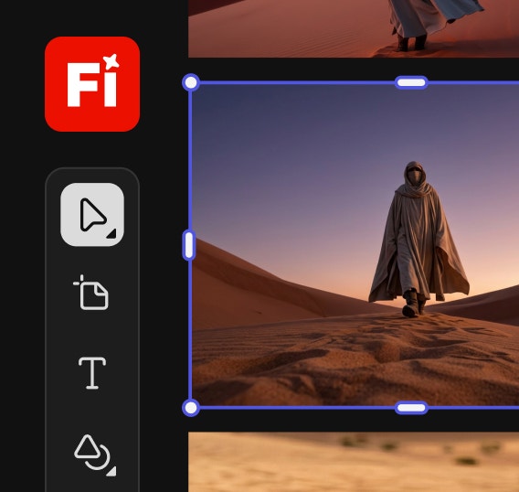 A robed figure in a desert holds a mysterious, glowing metal-and-glass box toward the camera. The image is surrounded by Firefly UI and other images of robed figures in deserts.