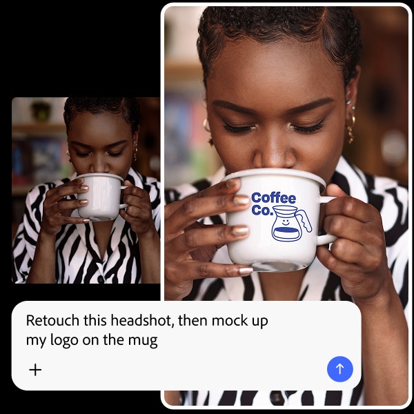 A before and after image of a woman drinking from a coffee cup shows how Firefly AI Assistant can retouch photos and add logos to objects like a mug.