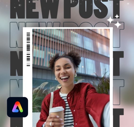 Selfie of a smiling woman holding a coffee cup incorporated into a graphic social media design layout.