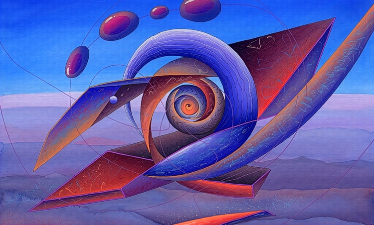 A vibrant abstract illustration with curved geometric shapes, floating glossy orbs, and a spiral center set against a blue and purple landscape-like background.