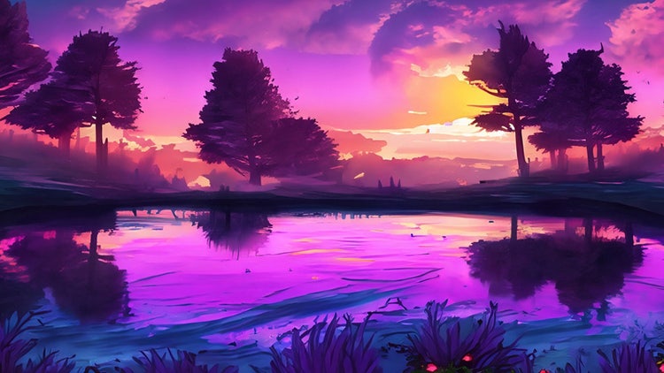 purple sunset over a pond in the style of a videogame