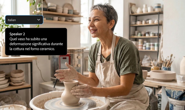 A woman works at a pottery wheel in a ceramics studio. UI to the left reads "Italian" followed by "Speaker 2, Quel vaso ha subito una deformazione significativa durante la cottura nel forno ceramico."