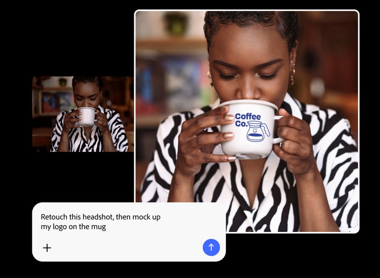 A before and after image of a woman drinking from a coffee cup shows how Firefly AI Assistant can retouch photos and add logos to objects like a mug.