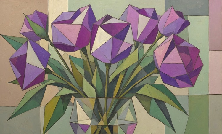 A geometric cubist-style painting of purple flowers and green leaves in a faceted glass vase, set against a muted pastel block-pattern background.
