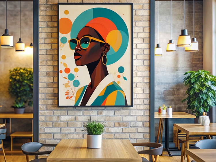 Modern café interior with tables and hanging lights, featuring a framed stylized portrait illustration displayed on a brick wall.