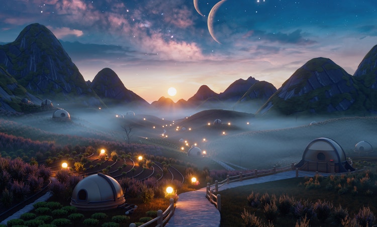 Circular huts and farmland in a fantasy landscape under an alien sky.