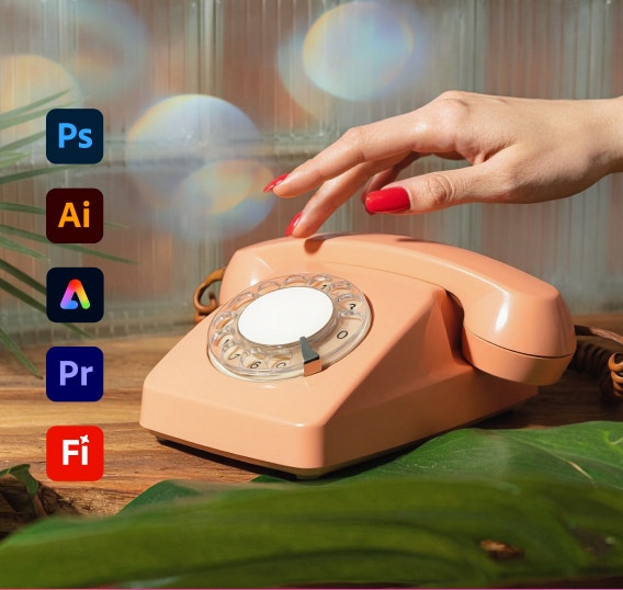 A hand reaching for a modernist rotary telephone. UI on the left shows icons for several Creative Cloud apps: Photoshop, Illustrator, Adobe Express, Premiere, and Firefly.