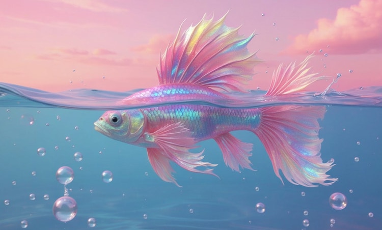 An iridescent pink and blue fish swims just below the water’s surface in a dreamy pastel ocean scene.