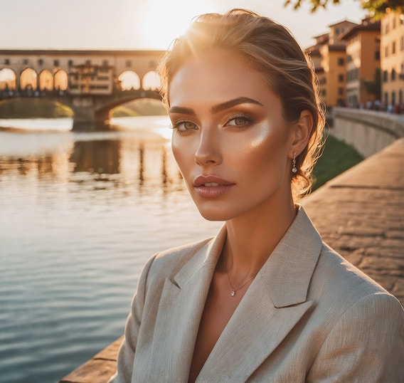 A cinematic portrait of a woman in a light blazer standing beside a river at sunset, with an arched stone bridge and warm city buildings in the background.