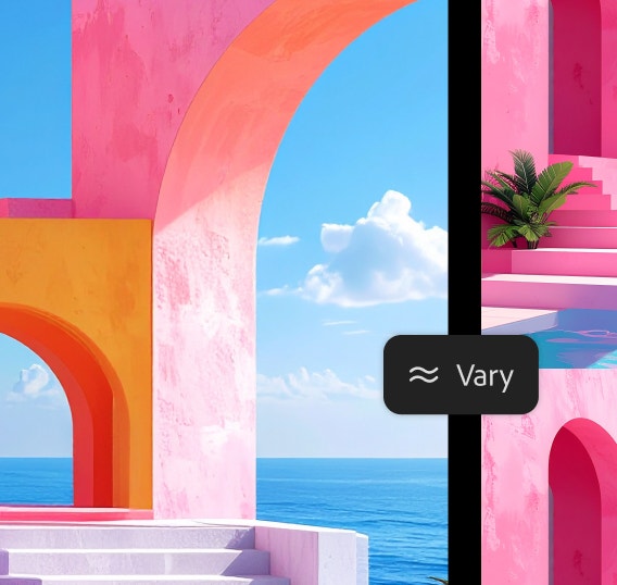 Colorful mood board interface showing pink, yellow, and blue architectural images with ocean views, a cursor, and a floating “Vary” button.