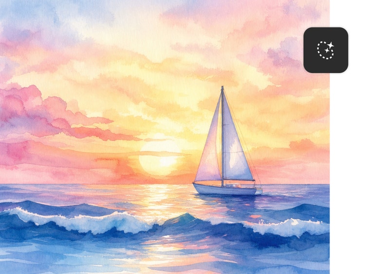 A sailboat on a calm ocean against a pink sunrise in a watercolor style.