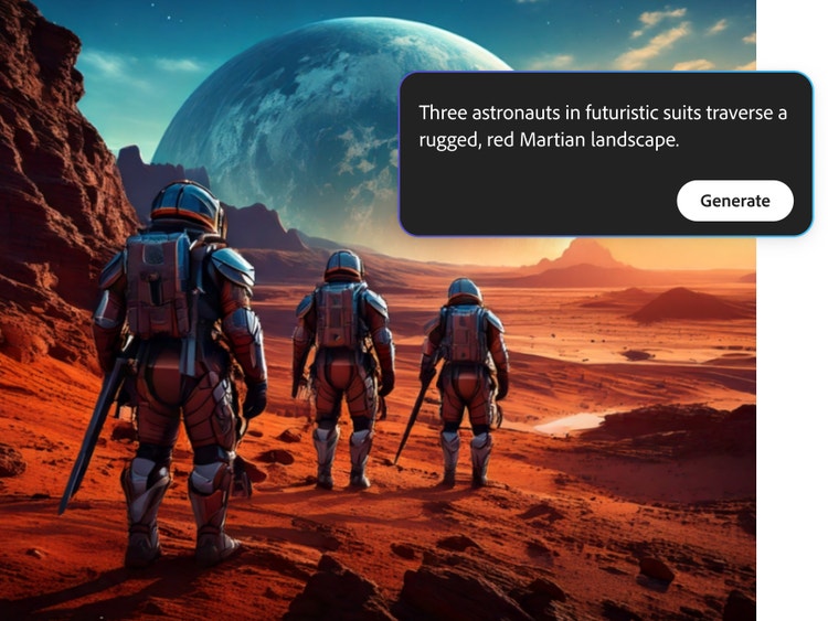 Three astronauts on a red planet. UI in the upper right corner reads "Three astronauts in futuristic suits traverse a rugged, red Martian landscape." Followed by "Generate."