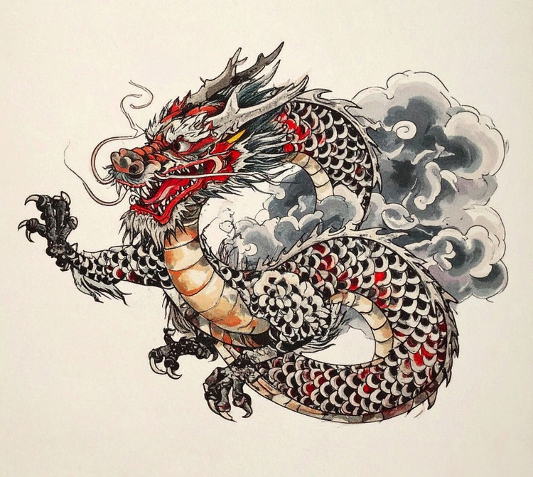 An Asian-style dragon in a style reminiscent of Chinese ink painting. UI in the bottom right corner shows three variants of the dragon.