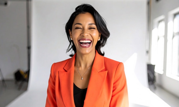 A woman in an orange blazer laughs in a bright photo studio setting