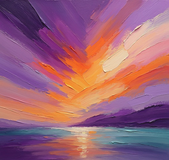 A sunset over a still ocean in a style with large, very prominent brushstrokes.