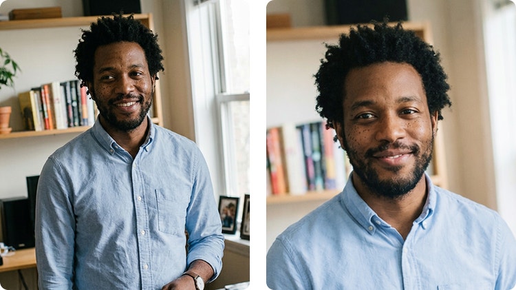 A before and after image of a man in front of a bookshelf demonstrating how Firefly AI Assistant can crop and retouch portraits automatically.