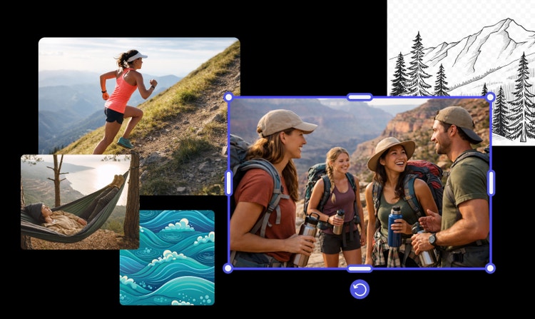 Several images of people doing outdoor activities like running, hiking, or sleeping in a hammock. There's also a black-and-white linework image of a mountain, and a stylized image of ocean waves.