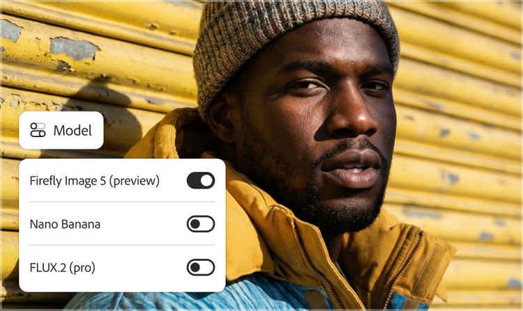 A man in a yellow and blue jacket stands in front of a wall with peeling yellow paint. An ovelay shows the Model dropdown menu in Firefly