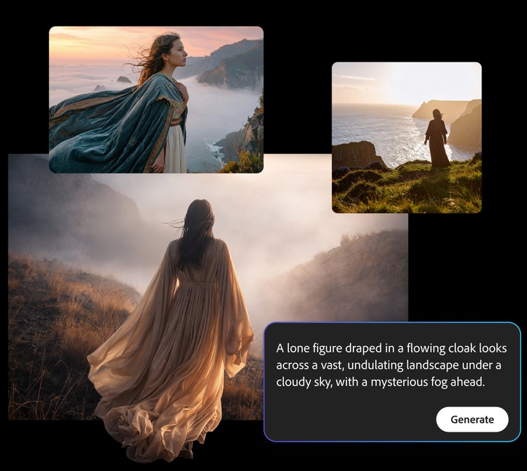 A woman in a flowing cloak gazes out on fog, sea cliffs, and mist-covered valleys. UI in the bottom right corner says "A lone figure draped in a flowing cloak looks across a vast, undulating landscape under a cloudy sky, with a mysterious fog ahead." Followed by "Generate."