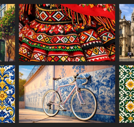 Four main images. One of a residential street reminiscent of Europe or South America. Another shows a colorful Latin American-style dress. The next is of a Gothic cathedral. Another image shows a pink bicycle resting against a tiled wall. Two smaller images show tilework in a Mediterranean style.