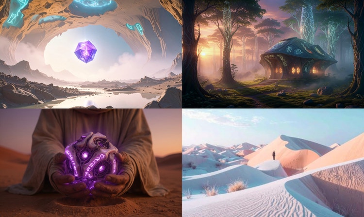 A single image divided into four parts: The top left image shows a floating, glowing magical artifact. The top right a small cottage or hut covered with glowing runes in a fantasy setting. The bottom left images shows a robed figure in a desert holding a mysterious object covered with purple runes. The bottom right image depicts a robed figure in a desert.