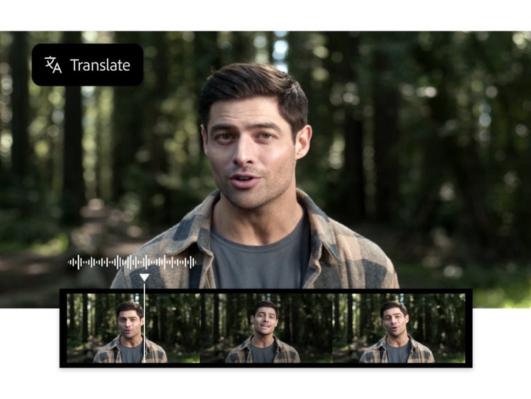 Video frame of man in forest with overlay of voice syncing controls and timeline in AI translate video app