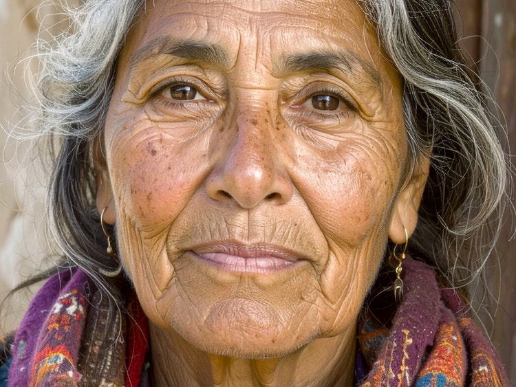 A realistic close up image of an elder woman with gray hair and wrinkles generated with Firefly AI face generator.
