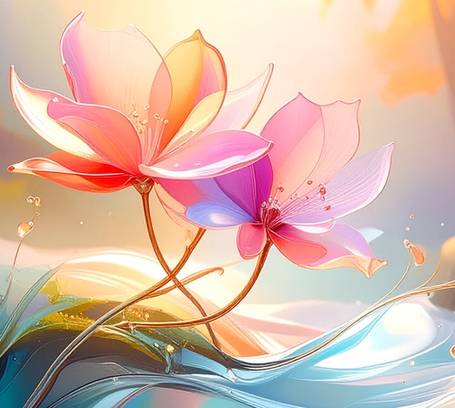 A cartoon image of two pink flowers. UI in the lower right reads "Reference" followed by a more realistic sketch of flowers.