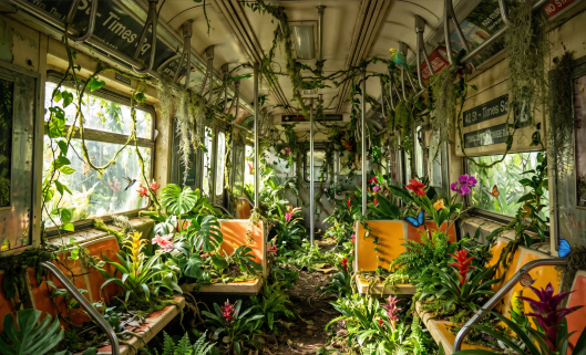 A subway train car completely overtaken by dense tropical vegetation