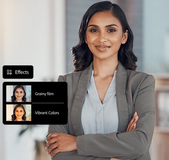 A professional portrait of a woman standing with her arms crossed in a bright office setting. On the left, a Firefly “Effects” panel shows style options including Grainy film, Vibrant Colors, and Multiexposure.