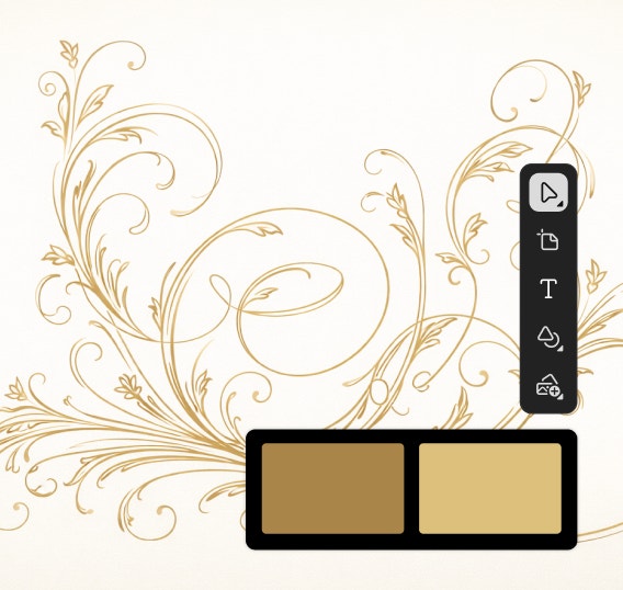 A decorative gold floral scrollwork design with thin curling vines and leaves on a light background. A vertical editing toolbar and two gold color swatches appear on the right side.