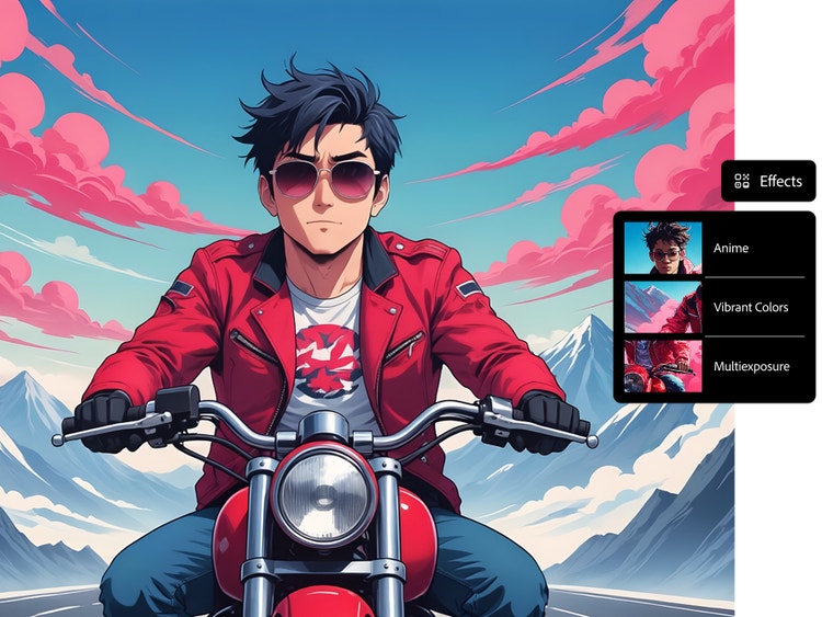 An anime-style illustration of a man in sunglasses and a red jacket riding a motorcycle through snowy mountains under a blue sky with pink clouds. On the right, an “Effects” panel shows style options including Anime, Vibrant Colors, and Multiexposure.