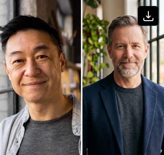 Two side-by-side professional portraits of men in bright indoor office spaces. The man on the left smiles near a window wearing a gray shirt and light button-down. The man on the right stands by large windows in a blue blazer, with plants and desks behind him. A download icon appears in the top-right corner.