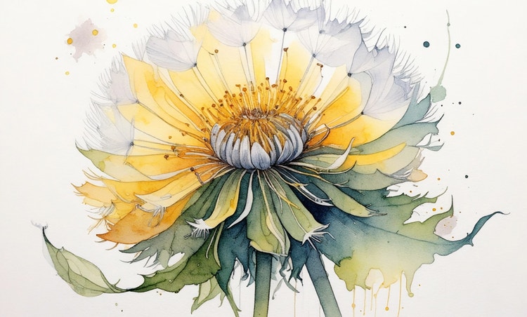 A loose watercolor illustration of a yellow and green flower with layered petals, splattered paint details, and delicate linework.