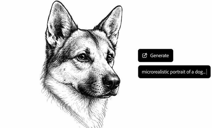A black-and white image of a dog. UI next to it includes the text "Generate" and "microrealistic portrait of a dog."