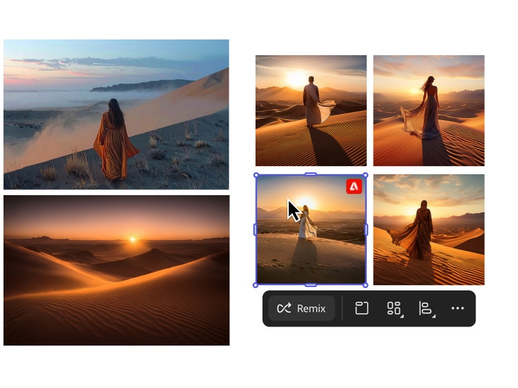 Six different images of figures in cloaks in a desert. One image is clearly selected, with a hovering cursor over it. UI below the images reads "Remix."