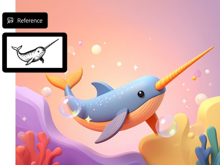 A pastel cartoon image of a narwhal. UI in the upper left shows a black-and-white sketch of a narwhal labeled "Reference."