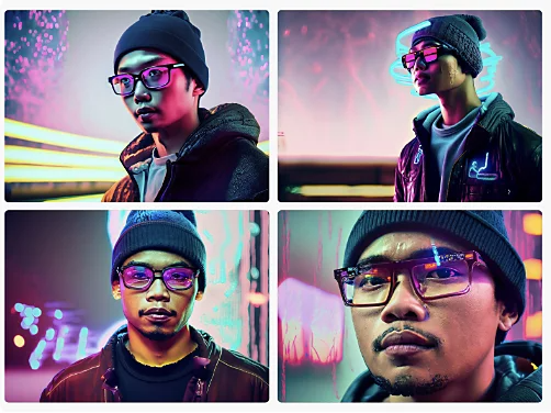 4 AI-generated image variations of a man wearing a beanie and glasses from Adobe Firefly