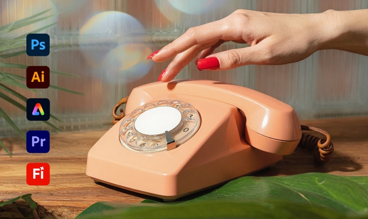 A hand reaching for a modernist rotary telephone. UI on the left shows icons for several Creative Cloud apps: Photoshop, Illustrator, Adobe Express, Premiere, and Firefly.