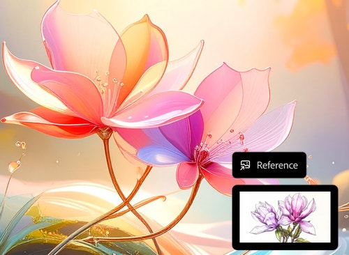A cartoon image of two pink flowers. UI in the lower right reads "Reference" followed by a more realistic sketch of flowers.
