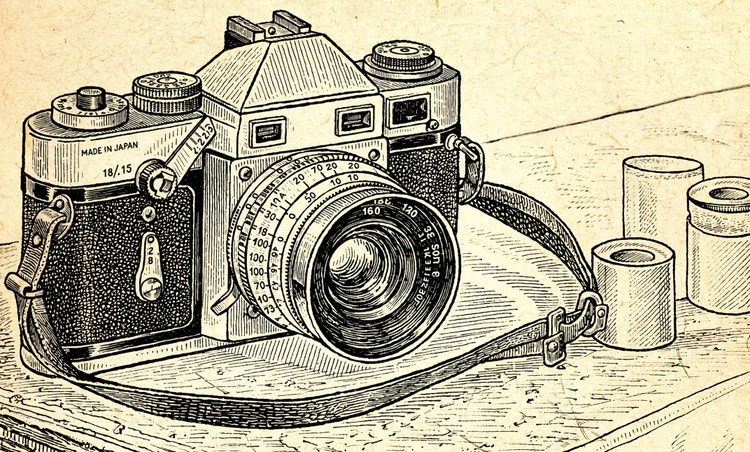 A detailed black ink illustration of a vintage film camera resting on a desk, with film canisters nearby and a textured paper background.