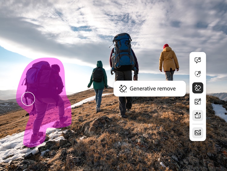 An image of a group of hikers is edited in Firefly with a purple brush mark indicating a hiker to be subtracted with Generative Remove.