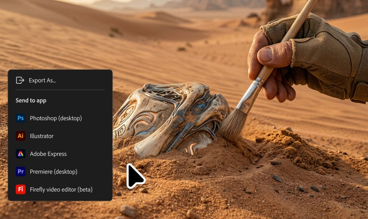 A close-up of a gloved hand brushing off a magical artifact they've found in the desert. UI in the left part of the image shows an Export menu, with several Creative Cloud apps given as export options.