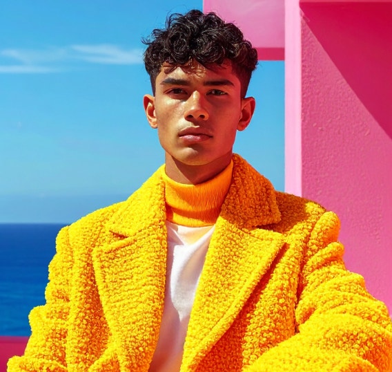 Portrait of a man in a bright yellow textured jacket against a bold pink-and-blue architectural backdrop.