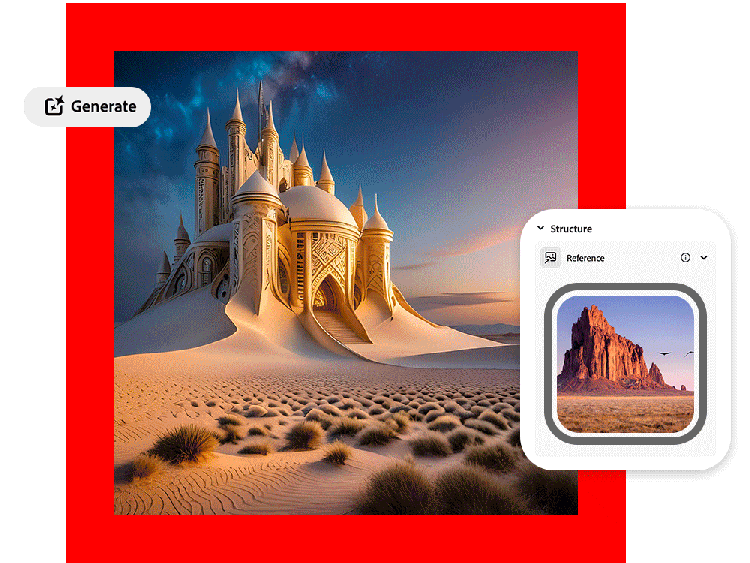 A gif of rotating AI-generated images including a sand castle, spaceship, earth-covered house, sun and cloud above the sky, and a medieval castle all in the same style as the referenced image from Adobe Firefly
