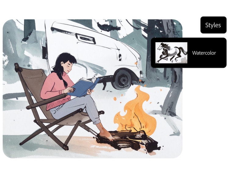 Watercolor-style illustration of a person sitting in a folding chair reading a book beside a campfire, with a white van parked in the background and a “Styles” panel showing a watercolor option.