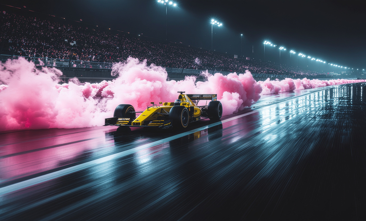 Wide-angle cinematic view of a yellow F1 race car on a black racetrack with pink smoke
